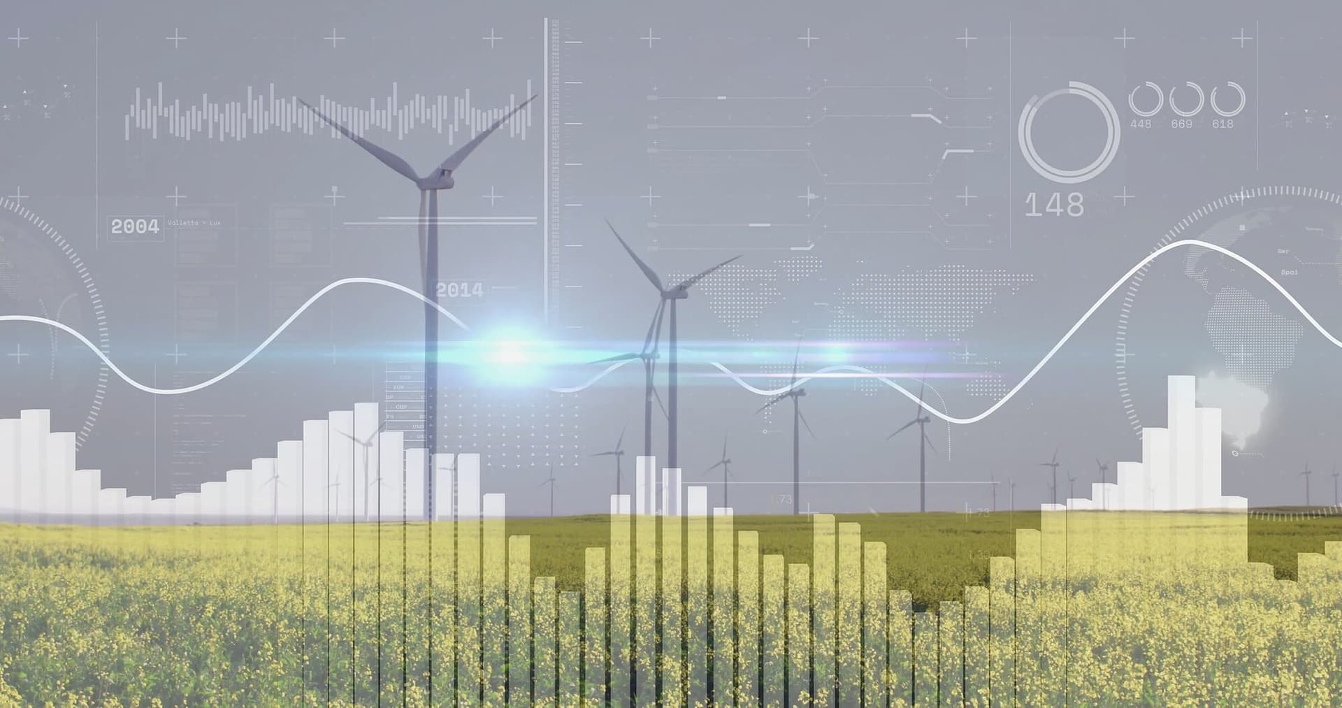 Rapsfeld mit Windrädern und Datenvisualisierung